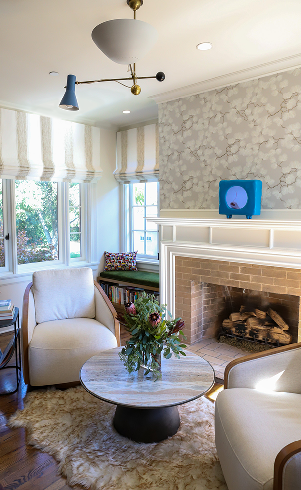 Living room with fireplace and custom furnishings
